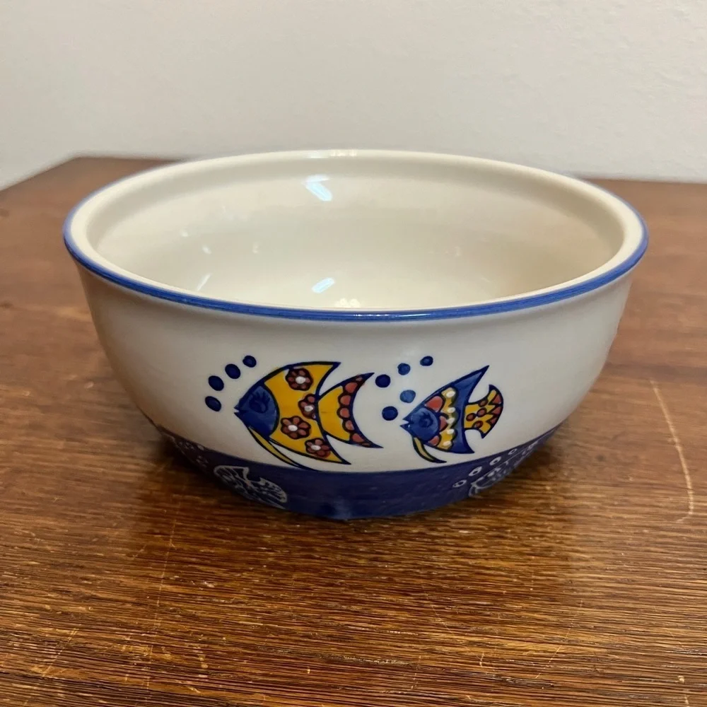 Yokohama Studio Hand-Painted Fish Bowl – Blue & Yellow Ceramic Coastal Décor